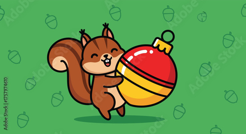Cute squirrel holding christmas ornament on green backdrop with acorn pattern, spreading holiday cheer and festive spirit.