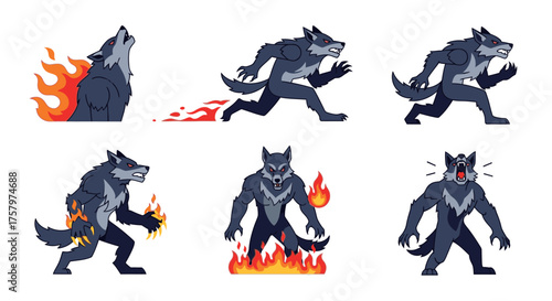 Six pixelated werewolf illustrations showing different poses, including howling, running with fire, and standing with flames.