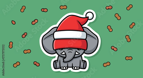 Cute elephant wearing santa hat surrounded by peanuts celebrates christmas against festive green backdrop, creating whimsical holiday scene.