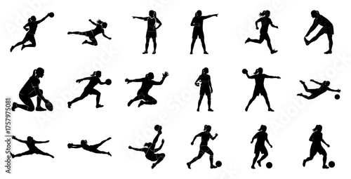 Female soccer players in action silhouette