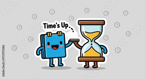 Cartoon calendar hands an hourglass to another cartoon character on a gray background with clock patterns, indicating deadline or time pressure, in a playful style.