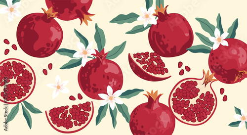 A delightful arrangement of ripe pomegranates with their vibrant seeds and delicate white flowers.