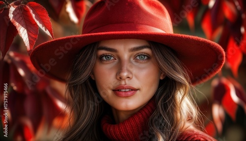 A young woman stands elegantly in a red outfit paired with a stylish hat. She poses gracefully in front of vivid red leaves, capturing the essence of autumn's beauty.
