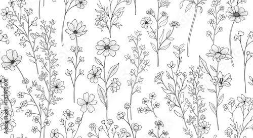 A delicate and intricate botanical illustration of wild meadow flowers in a dense pattern.
