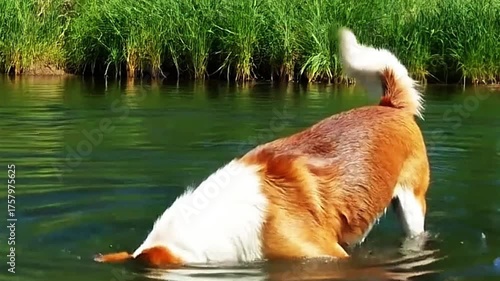 A brown and white dog, resembling a Corgi or a Corgi mix, is standing in the shallow water of a natural stream or pond, looking directly at the camera with an alert expression.