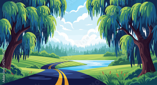 A captivating road trip through a vibrant, picturesque countryside with rolling hills, lush willow trees, and a serene lake under a bright, sunny sky