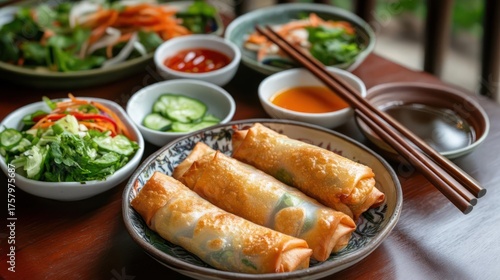 Authentic vietnamese cuisine featuring crispy spring rolls and fresh salad delights ready to be