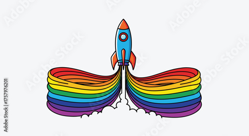 Colorful rainbow rocket launching into the sky with vibrant trails - great for LGBT pride, children's designs, and uplifting themes of progress and hope