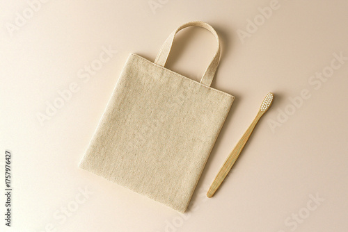 Recycled fabric tote bag mockup with eco-friendly label design on minimal clean white background