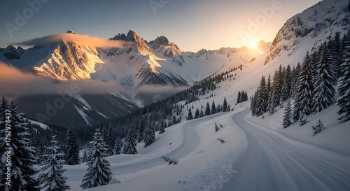 A breathtaking winter mountain pass bathed in the warm glow of sunrise, with snow-covered trees lining the winding road.
