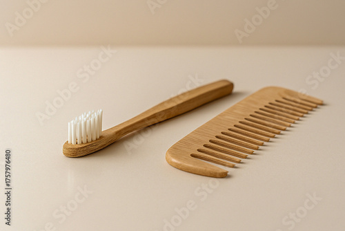 Eco personal care mockup featuring bamboo toothbrush and wooden comb on natural white background