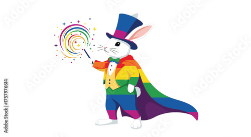Rainbow magic with a whimsical wizard bunny wearing a top hat and cape conjuring joy, perfect for inclusive celebrations and festive occasions
