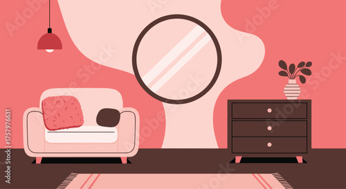 A cozy, modern living room with a pink color palette for relaxation and style, featuring comfortable furniture and decorative accents for inspiration