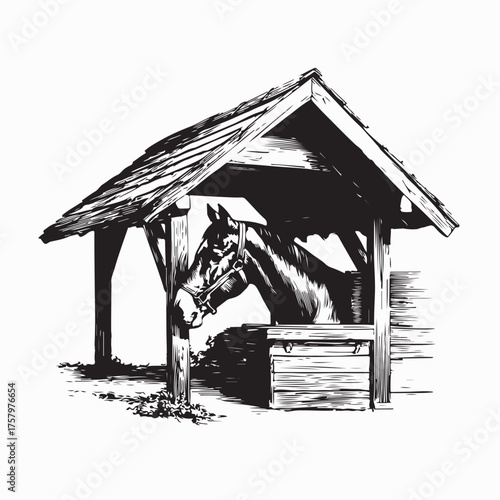 Horse in Wooden Stable Vector Illustration isolated on white background