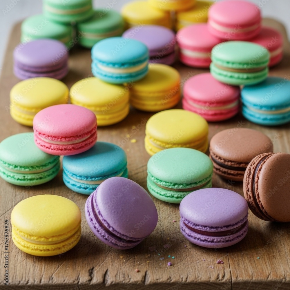 Obraz premium Colorful macarons on a wooden board create a delightful and visually appealing scene, showcasing the variety of flavors and textures in these classic french treats