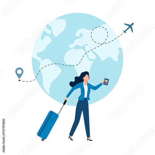 Businesswoman or entrepreneur carrying suitcase hurries to board departing aircraft. Concept of business travel or tourism, work in trip. 