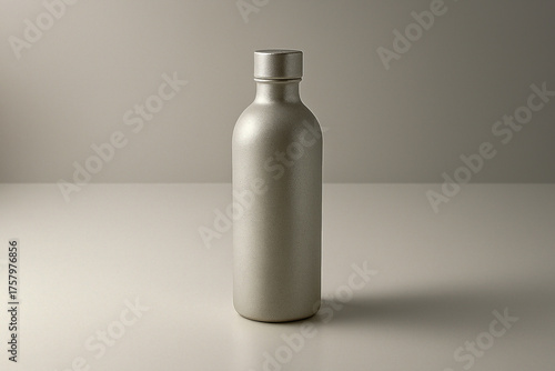 Recycled aluminum water bottle mockup on clean white background with natural shadow