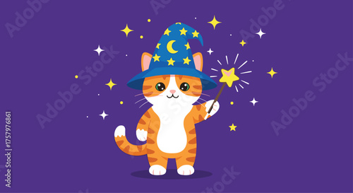 Adorable cartoon cat magician with wizard hat casting spells with a star wand, perfect for children's books, Halloween, and cute animal designs for various projects