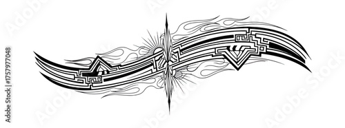 Abstract geometric design with flame shapes and lines on black background