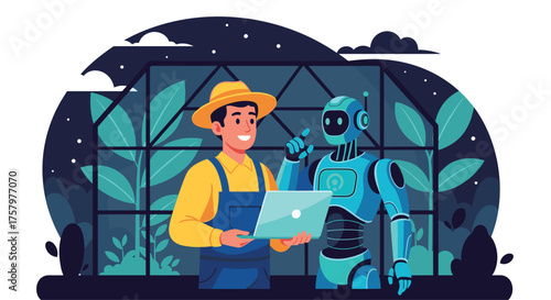 Future farming with a friendly robot helping a farmer manage crops efficiently using technology, smart agriculture solutions, and artificial intelligence