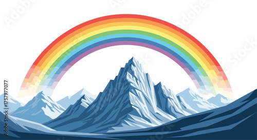 Vibrant rainbow arcs over majestic snow-capped mountains, promising hope and adventure in a cool, clean landscape, perfect for inspirational projects