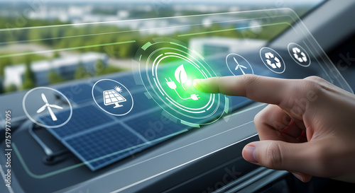 Finger touches digital screen with icons for renewable energy and sustainability