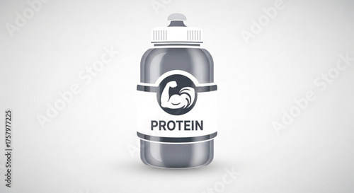 Protein Shaker Bottle with Flexed Arm Logo on White Label Isolated on White Background