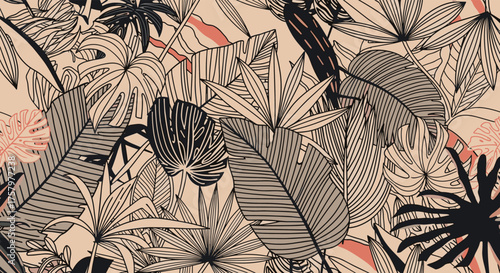 A black and white botanical illustration with hints of coral and beige.