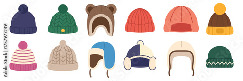 Winter Hats Collection – Cozy Knitted Beanies and Warm Caps Set, Cute Wool Accessories for Cold Weather, Flat Design Illustration for Fashion, Winter, and Holiday Projects
