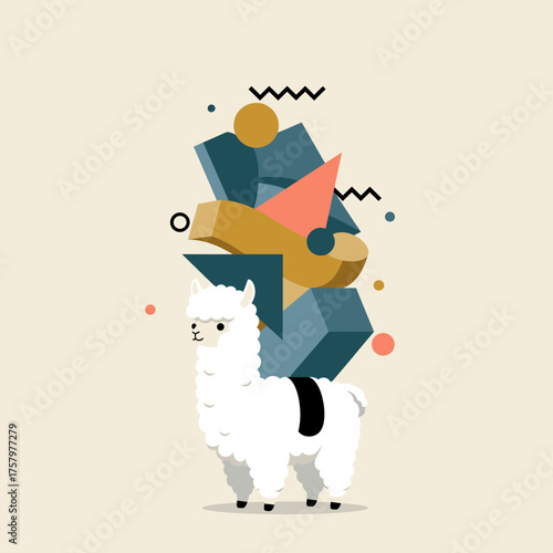 An adorable white llama stands gracefully beneath a dynamic arrangement of abstract geometric elements, creating a stylish and contemporary illustration.
