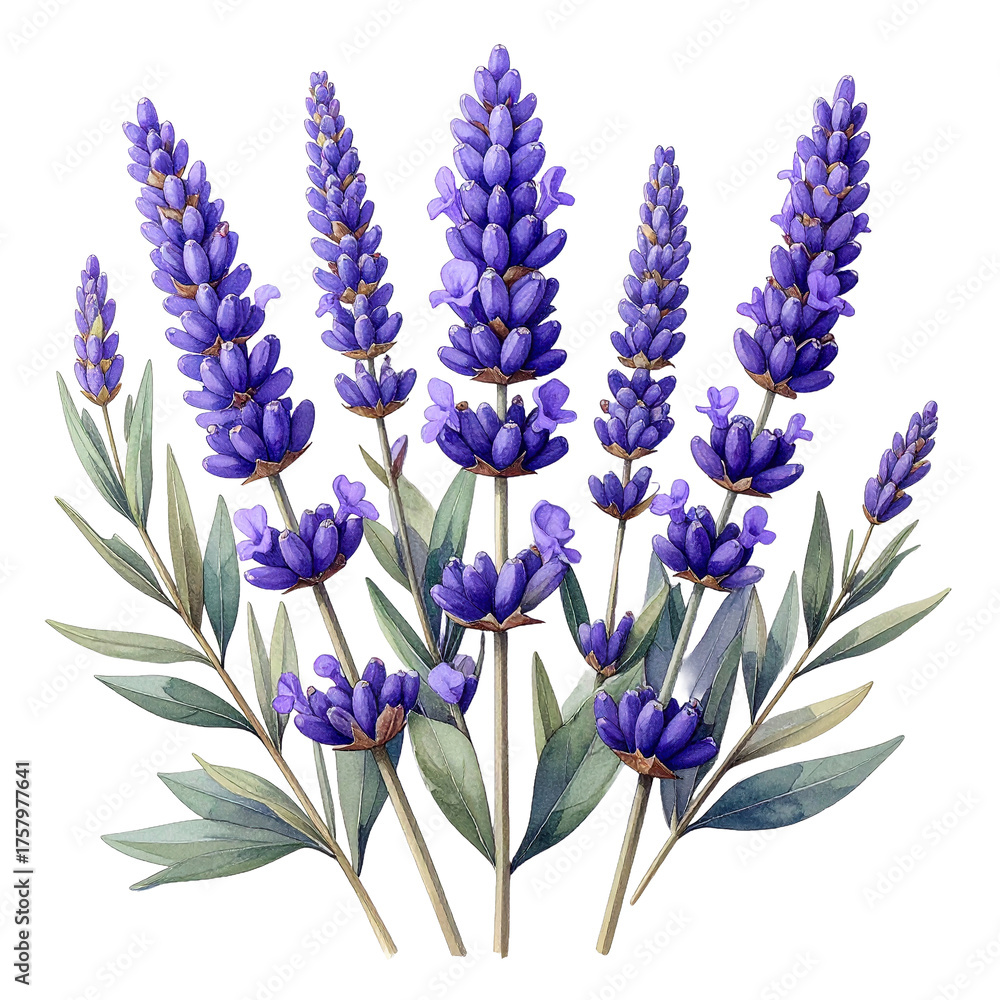Naklejka premium Lavender sprigs with purple flowers and green leaves in watercolor botanical illustration, showing delicate petals and natural beauty on transparency background