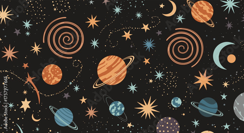 A whimsical pattern featuring planets stars moons and nebulae in a dark cosmic sky.