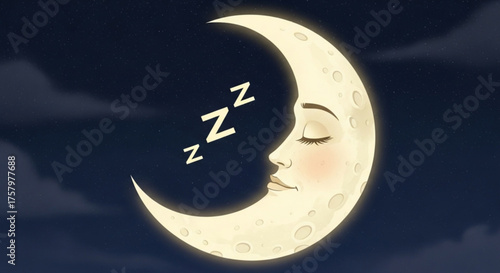 Sleeping Moon with Closed Eyes in Dark Night Sky