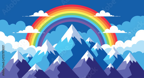 Vibrant rainbow arcs over majestic snow-capped mountains under a clear blue sky with fluffy clouds, symbolizing hope and new beginnings