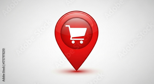 Red map pointer with shopping cart icon indicating the location of the store or supermarket with a glossy effect