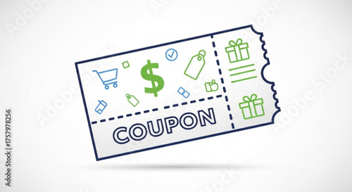 Coupon with shopping cart, dollar sign, gift box representing discount, promotion and special offer
