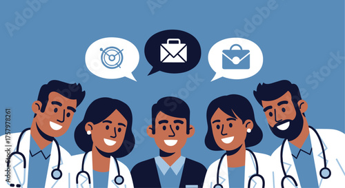 Diverse medical professionals collaborating and communicating ideas in a modern healthcare setting, symbolizing teamwork and innovation