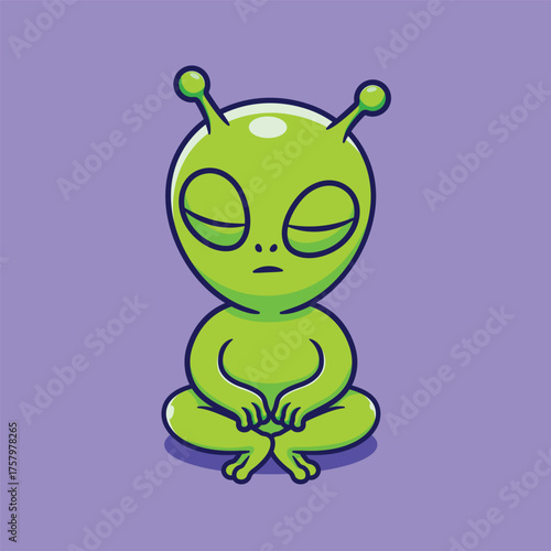 A cute green cartoon alien character sitting in a lotus yoga pose for peaceful zen meditation and mindfulness
