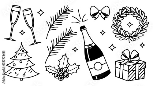 Festive christmas elements vector collection sparkling champagne celebratory wreath gifts tree