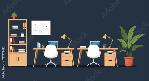 Modern office space with two desks, laptops, lamps, chairs, and shelving, creating a professional and productive work environment for collaboration and focus