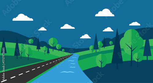 Serene landscape unfolds with a winding road beside a vibrant blue river, inviting journey and exploration through lush green hills under a sky dotted with fluffy clouds