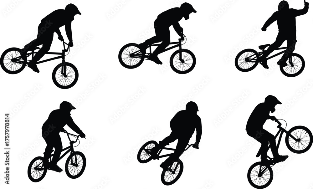 Fototapeta premium Dynamic BMX bike stunt silhouettes performing extreme tricks, freestyle cycling jumps, urban sports action, adventurous riders showcasing energy, balance, and motion