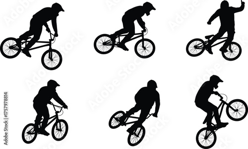 Dynamic BMX bike stunt silhouettes performing extreme tricks, freestyle cycling jumps, urban sports action, adventurous riders showcasing energy, balance, and motion