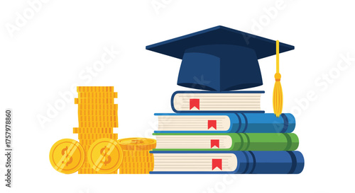 Unlock Future Success Investing in Education Stacked Books Graduation Cap and Gold Coins Symbolizing Wisdom and Financial Gain