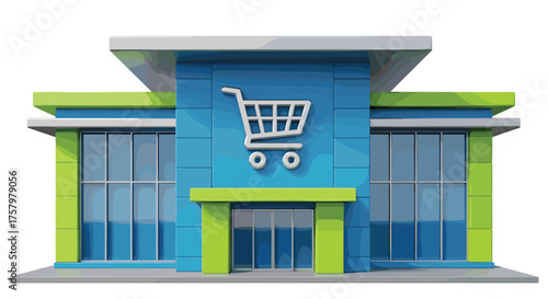 Vibrant modern storefront with large windows and prominent shopping cart icon, inviting customers to explore retail and commercial opportunities