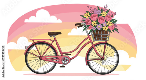 Charming pink bicycle adorned with a vibrant basket overflowing with colorful blooming flowers, ready for a picturesque summer ride
