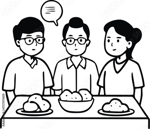 Three people are gathered around a table, looking at a bowl of food, with one person speaking and the others listening intently, creating a scene of communal discussion and shared experience