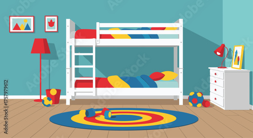 Vibrant and playful children's bedroom featuring a cozy bunk bed, colorful bedding, toys, and artwork, perfect for illustrating childhood fun and comfort