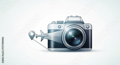 A creative camera icon with a plane and location pin, representing travel photography and destination concepts