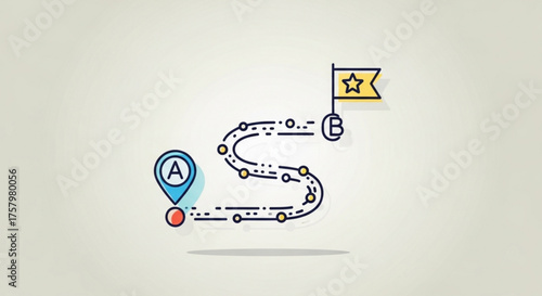 A winding road leads from point a to point b, symbolizing a journey or path to success with a flag at the destination